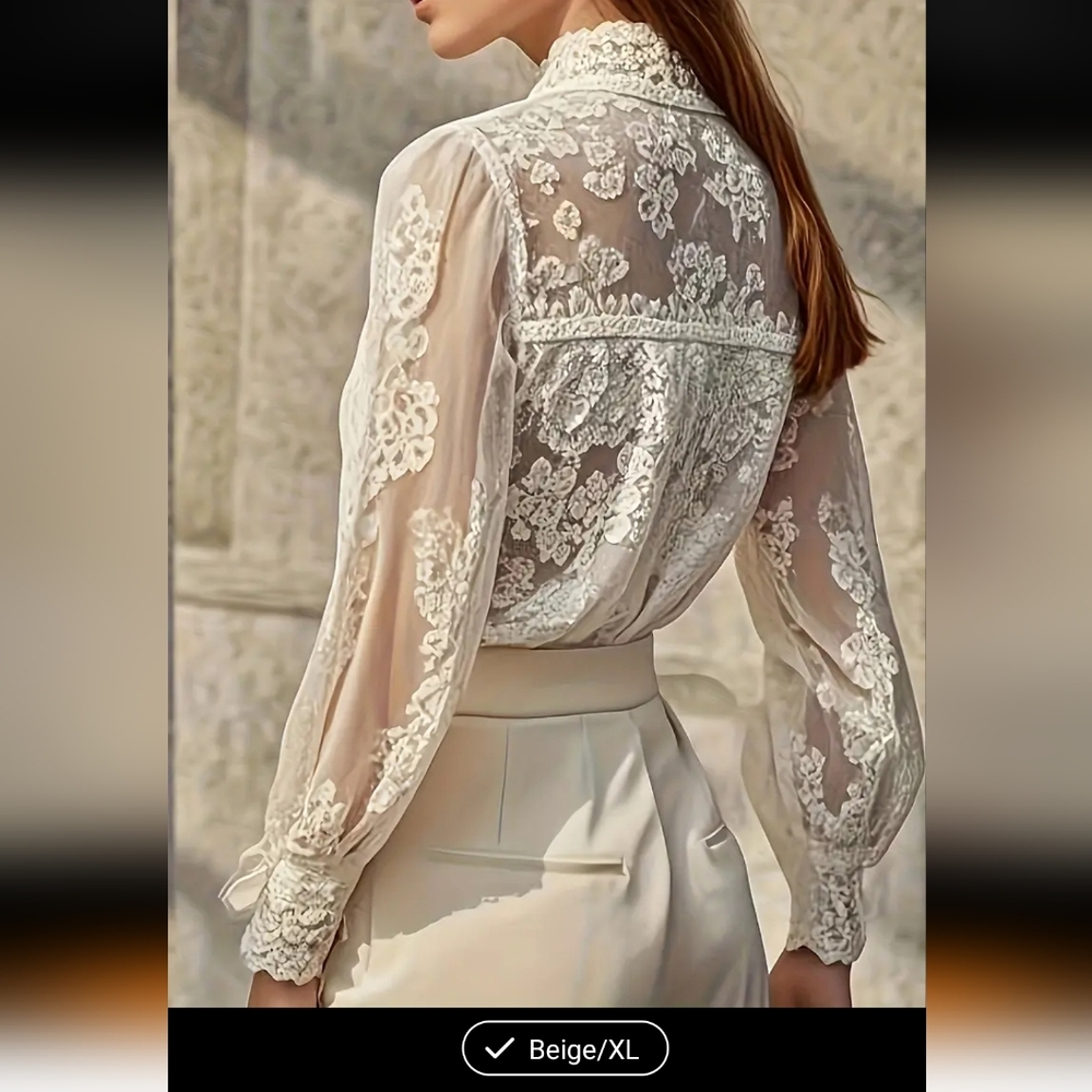 Elegant Lace Beige Women's Top SzXL